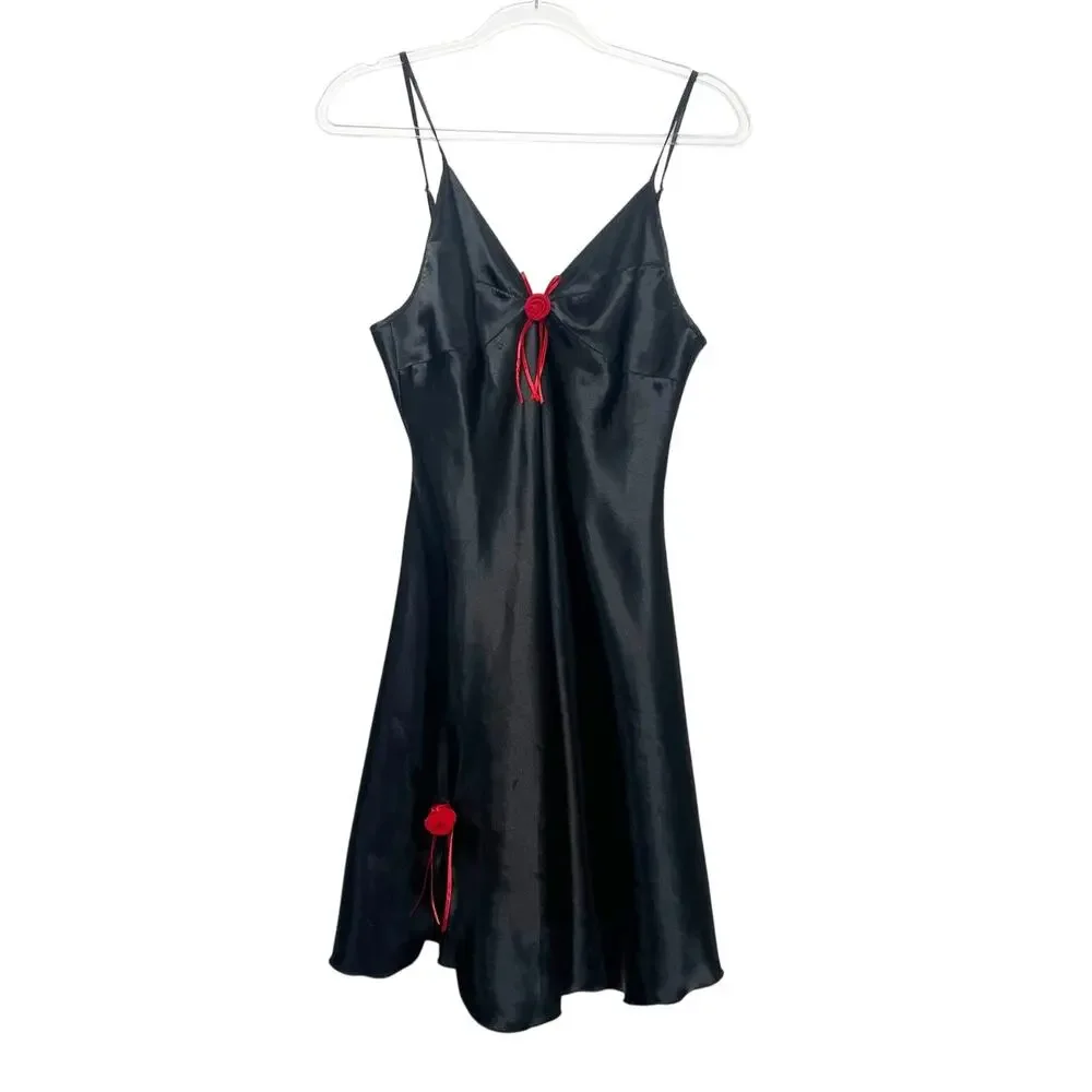 MIA-MIA Slip Dress Lingerie Nightdress Rosette Bow Satin Black Red Womens Size M